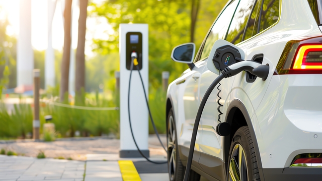 Modern electric vehicle charging at a wind-powered station, Automobile, EV, Sustainable and Efficient concept